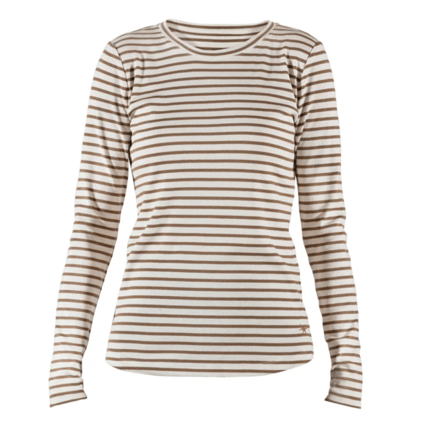 Blue Sportswear Bluse - Ditte LS Striped Rib Tee - Ecru w/ Cognac
