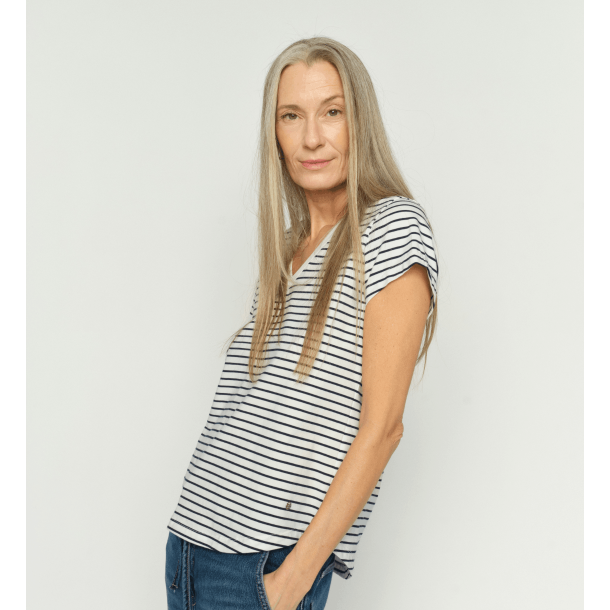 Mos Mosh T-shirt - MMKala V-SS Stripe Tee - Salute Navy