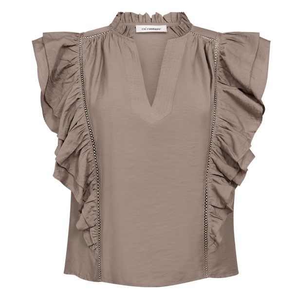 Co'couture Top - CallumCC Lace Frill V-Top - Taupe